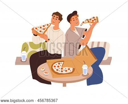 Men Friends Eating Pizza Together, Sitting At Table In Pizzeria. Happu Guys Couple Enjoying Fast Foo