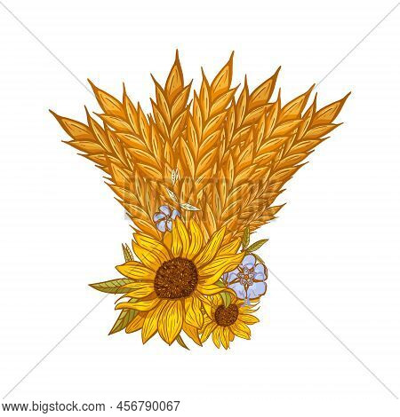 Border Frame Of Ears Of Wheat Decorated With Perwinkle And Sunflowers.