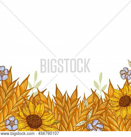 Border Frame Of Ears Of Wheat Decorated With Perwinkle And Sunflowers.