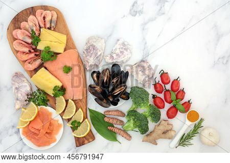 Healthy Nourishing Food For Immune System Boost With Seafood, Vegetables, Fruit, Herbs, Spice. Foods