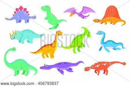 Set Of Funny Dinosaurs In Cartoon Style For Children. Different Happy Baby Dinos. Tyrannosaur, Trice