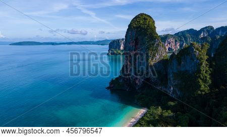 Railay Beach Krabi Thailand, The Tropical Beach Of Railay Krabi, Panoramic View Of Idyllic Railay Be