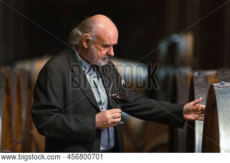 Senior Graybeard Caucasian Man, A Wine Connoisseur, Holding A Glass, Analyzing The Red Wine Through 