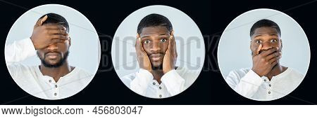 Three Wise Monkeys. Portrait Collage. Magazine Flyer. Composition Of Man Different Face Emotion Deaf