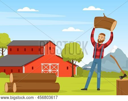 Bearded Man Lumberjack Or Woodman In Red Checkered Shirt Holding Log Vector Illustration