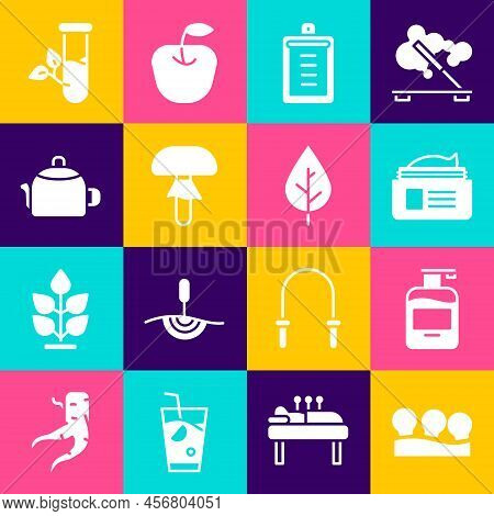 Set Vacuum Cans, Bottle Of Liquid Soap, Ointment Cream Tube, Clipboard With Checklist, Mushroom, Ket