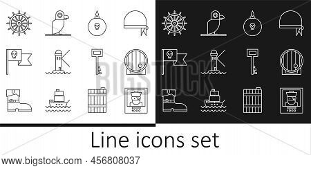 Set Line Wanted Poster Pirate, Wooden Barrel, Bomb Ready To Explode, Lighthouse, Pirate Flag With Sk