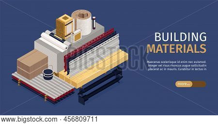 Isometric Construction Materials Horizontal Banner With Building Materials Headline And More Button 