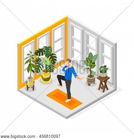World Tai Chi And Qigong Day Isometric Composition With Man Practicing In His Room Vector Illustrati