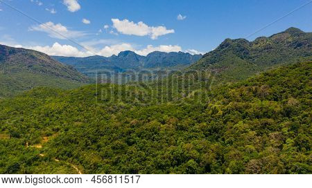 Mountain Slopes Covered With Rainforest And Jungle. View Of The Valley In The Mountain Province. Riv