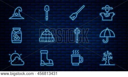 Set Line Bare Tree, Umbrella, Handle Broom, Winter Hat, Jam Jar, Witch, Honey Dipper Stick And Shove
