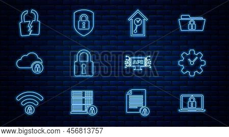 Set Line Laptop And Lock, Time Management, Retro Wall Watch, Lock, Cloud Computing, Broken Or Cracke