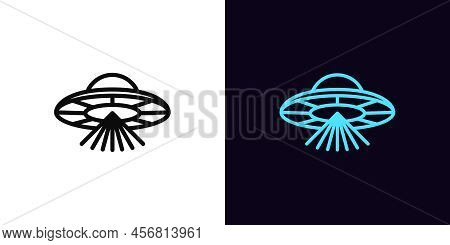 Outline Alien Ufo Icon, With Editable Stroke. Alien Spacecraft With Scanning Beams, Ufo Spaceship Pi