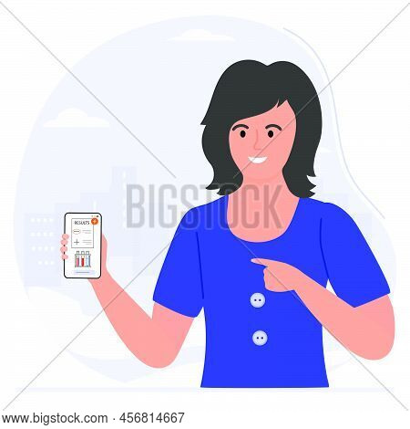 Vector Illustration Woman Receives The Results Of Medical Tests On Cell Phone. Test Tubes. Online Te