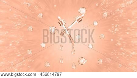 Advertising Cosmetology Banner.3d Rendering Beige Foundation Or Foundation On A Cosmetic Pipette. Dr