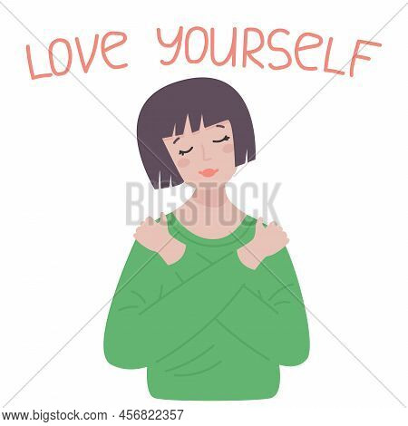 Young Beautiful Female Wearing Casual Green Sweater. Hugging Oneself Happy And Positive, Smiling Con