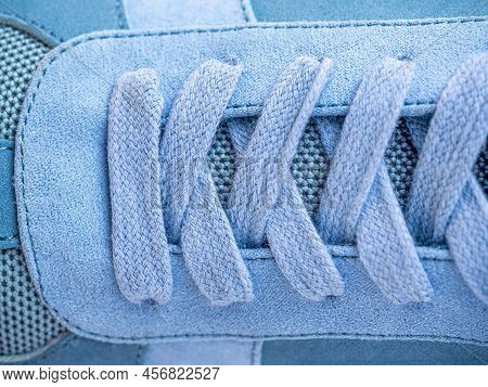 Shoestrings Of Blue Color Pattern. Closeup Lacing Background Texture For Design. Shoelaces, Shoestri