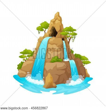 River Waterfall Falls From Cliff, Jungle Island, Picturesque Tourist Attraction. Vector Cartoon Land