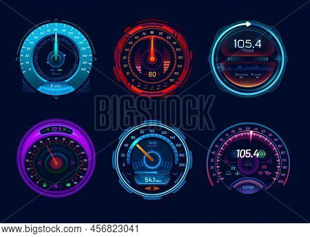 Car Speedometer Gauges, Speed Meter Neon Digital Display Dials. Isolated Vector Auto Vehicle Dashboa