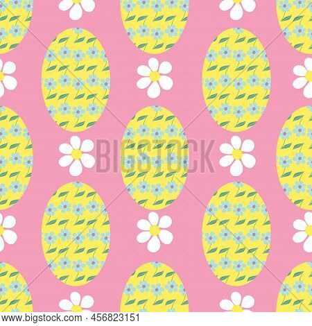 Seamless Vector Easter Eggs, Daises And Leaves Pattern Background. Suitable For Easter Holiday, Cele