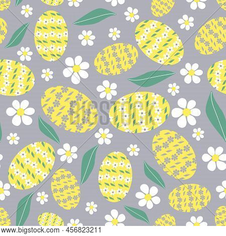 Seamless Vector Easter Eggs, Daises And Leaves Pattern Background. Suitable For Easter Holiday, Cele