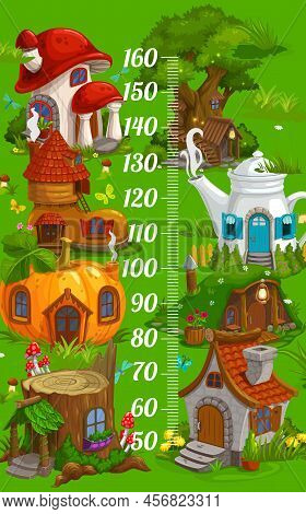 Kids Height Chart With Magic Fairy Houses Of Cartoon Elf Village, Vector Growth Measure Meter. Baby 