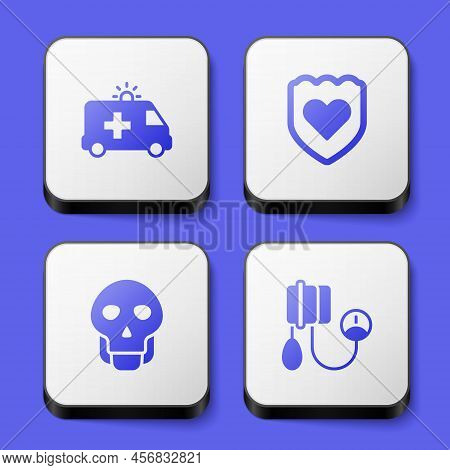 Set Ambulance Car, Immune System, Skull And Blood Pressure Icon. White Square Button. Vector