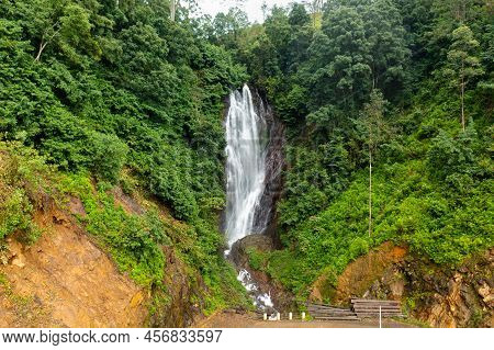 Waterfall In A Tropical Forest. Aerial Drone Of Mohini Falls. Sri Pada, Sri Lanka.