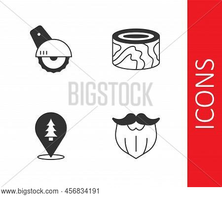 Set Mustache And Beard, Electric Circular Saw, Location Of The Forest And Wooden Logs Icon. Vector