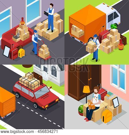 Relocation Isometric Concept With Company Workers, Person With Home Stuffs Waiting For Moving, Vehic
