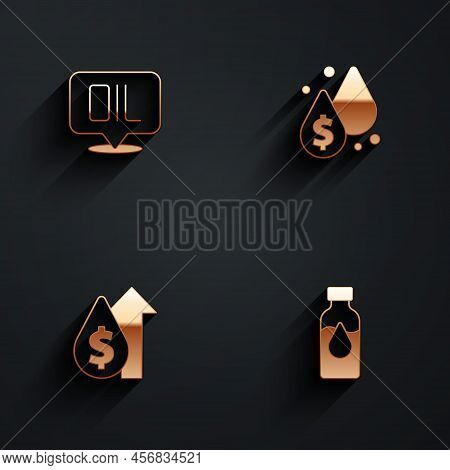 Set Word Oil, Oil Drop With Dollar Symbol, Price Increase And Petrol Test Tube Icon With Long Shadow