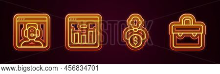 Set Line Telephone 24 Hours Support, Browser With Stocks Market, Business Investor And Briefcase. Gl