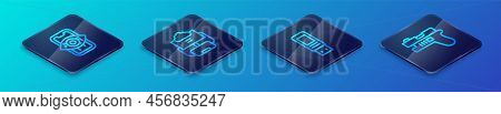 Set Isometric Line Usb Flash Drive, Computer Vision, Futuristic Weapon And Cloud Database Icon. Vect
