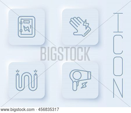 Set Line Electrical Panel, Glove, Cable And Hair Dryer. White Square Button. Vector