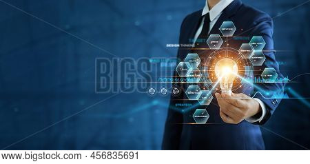 Businessman Hand Holding Creative Light Bulb With Marketing Network Icons On Planning Strategy, Anal