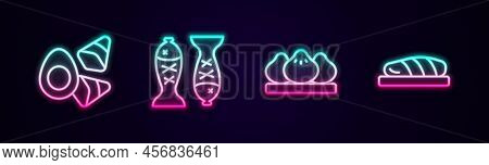 Set Line Chicken Egg With Vegerables, Served Fish On Plate, Dumpling And Fish Steak. Glowing Neon Ic