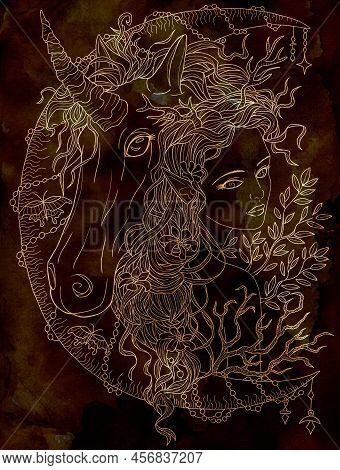 Fantasy Illustration With Hand Drawn Beautiful Fairy Girl Or Princess And Magic Unicorn Horse With N