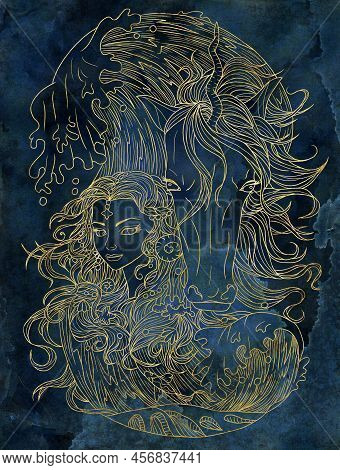 Fantasy Illustration With Hand Drawn Beautiful Fairy Girl Or Princess And Magic Unicorn Horse With N
