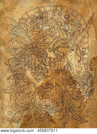 Fantasy Illustration With Hand Drawn Beautiful Fairy Girl Or Princess And Magic Unicorn Horse With N