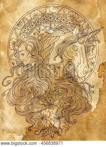 Fantasy Illustration With Hand Drawn Beautiful Fairy Girl Or Princess And Magic Unicorn Horse With N