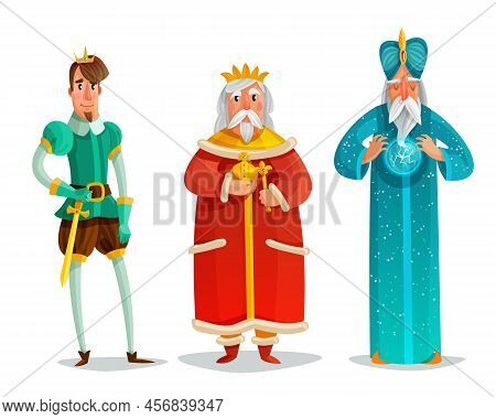 Royal Characters Cartoon Set Including Prince With Sword, King, Wise Man With Energy Ball Isolated V