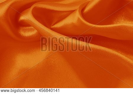 Orange Fabric Cloth Texture For Background And Design Art Work, Beautiful Crumpled Pattern Of Silk O