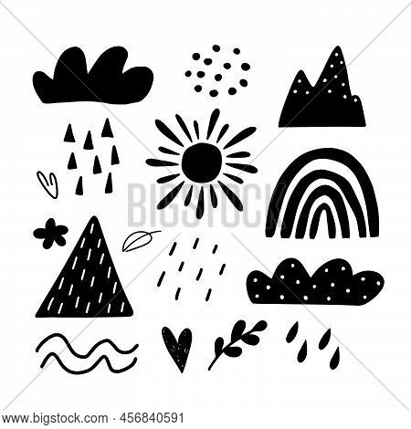 Set Of Black Silhouette Ellements Isolated On A White Background. Collection Of Summer Nature Elleme