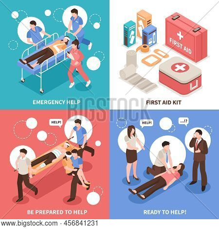 First Aid Isometric Design Concept With Emergency Help, People Ready To Assistance, Medical Kit Isol