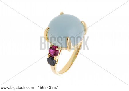Golden Engagement Ring With Black Onyx, Red Zircon And White Zircon, Isolated On White