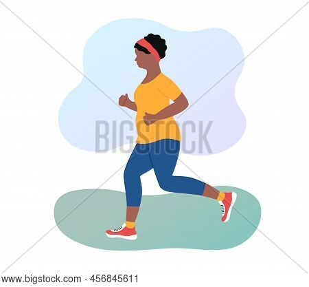 Jogging Woman Losing Weight Outdoors. Plump African American Girl Running In Sportswear. Overweight.