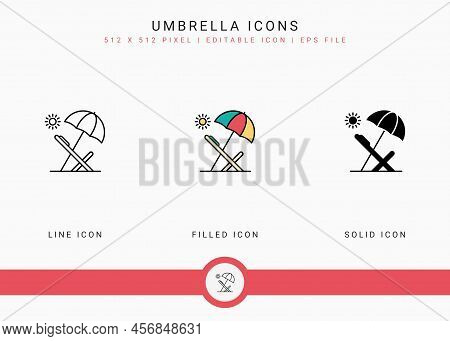 Umbrella Icons Set Vector Illustration With Solid Icon Line Style. Sunscreen Shield Concept. Editabl