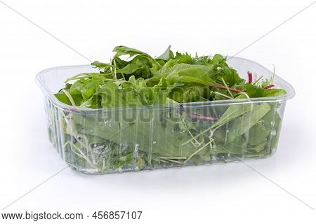 Mix Of The Different Leaf Vegetables In The Transparent Plastic Container On A White Background, Sid