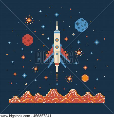 8 Bit Pixel Art Rocket In Outer Space