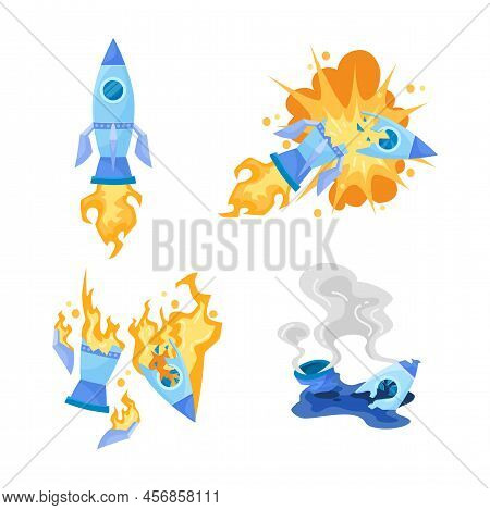 Flying And Broken Spaceship Vector Illustrations Set. Crashing Rocket, Wreck Or Crash As Symbol Of B